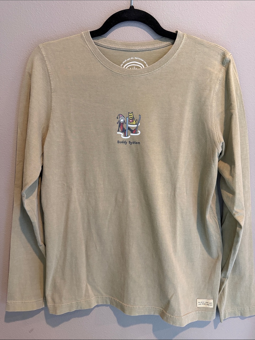 Life Is Good Long Sleeve Tee in Sage Green with Small Multicolor Graphic